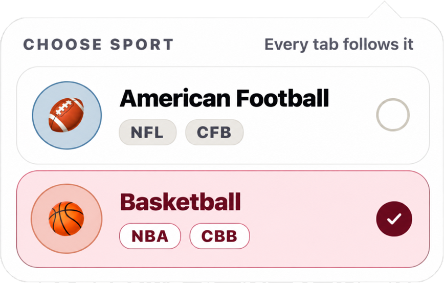 Choose sport menu with American Football (NFL, CFB) and Basketball (NBA, CBB)