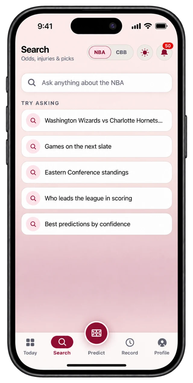 Search screen with an Ask anything about the NBA field and suggested questions