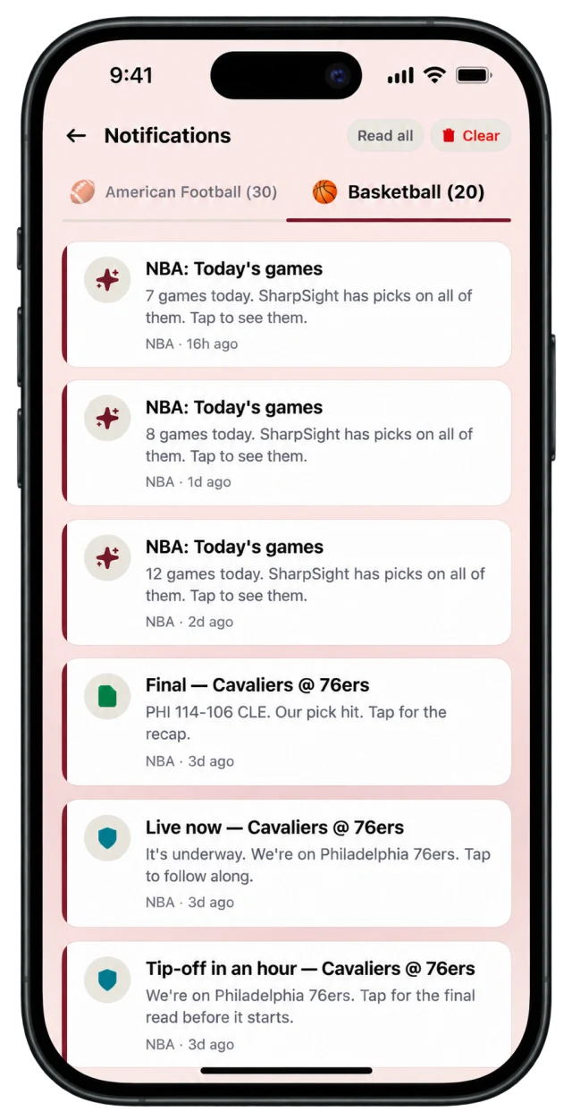 Notifications screen with kickoff reminders and pick updates