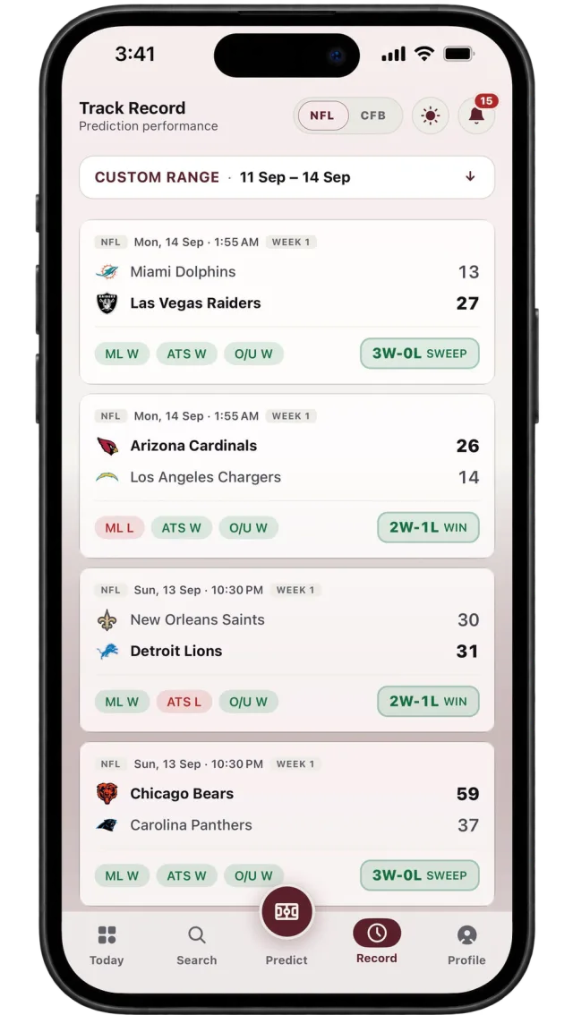 Track Record screen listing recent NFL results from 11 to 14 September with moneyline, spread and over/under outcomes